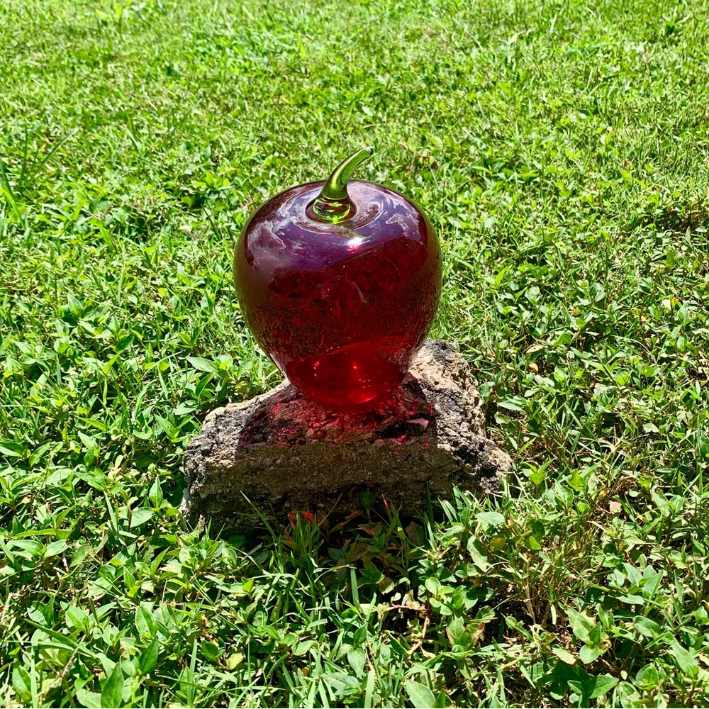 Vintage Viking Glass Green Stem Red Apple 7” Paperweight MCM‎